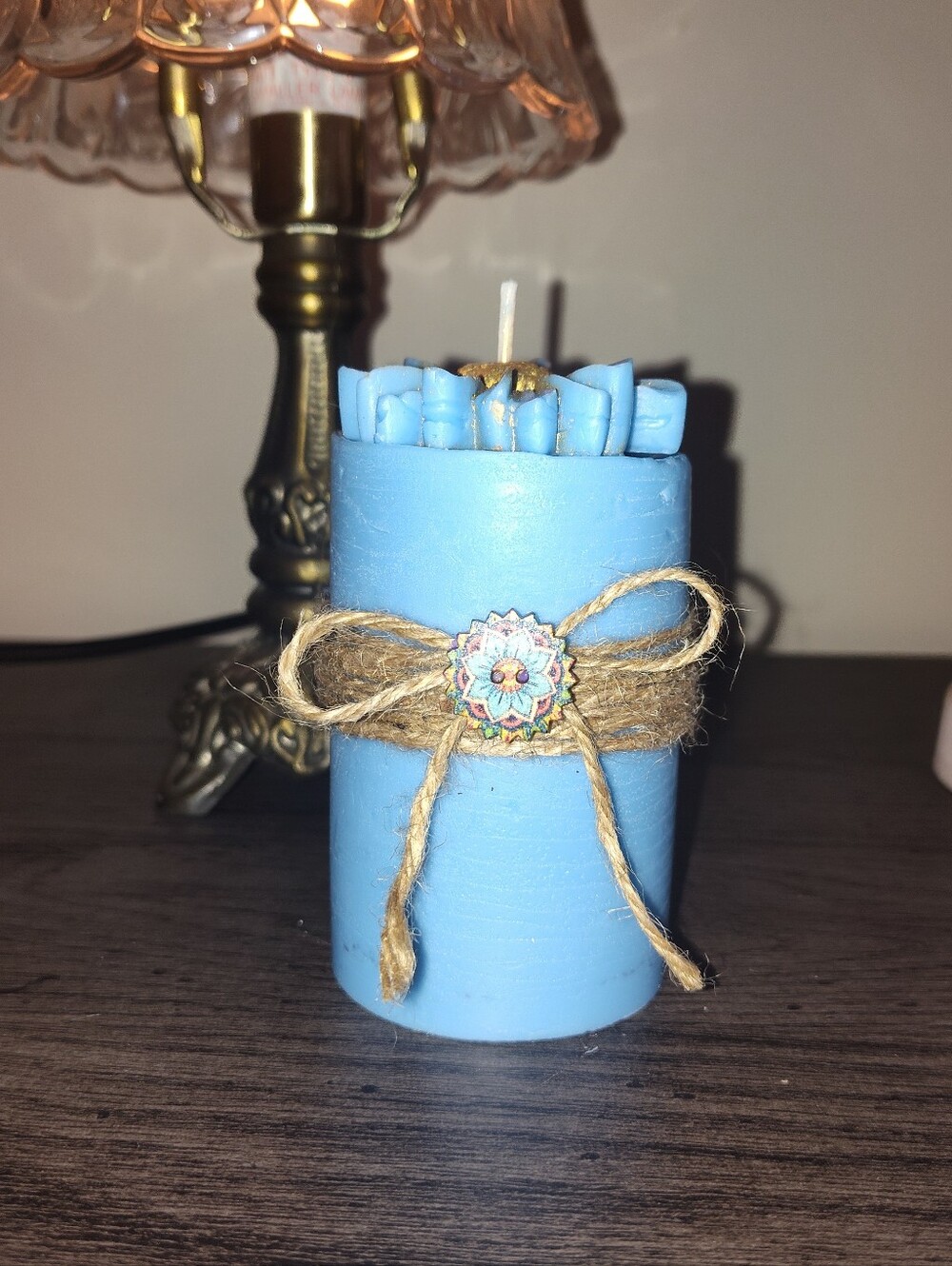 Handmade Blue Decorative Pillar Candle with Twine Bow